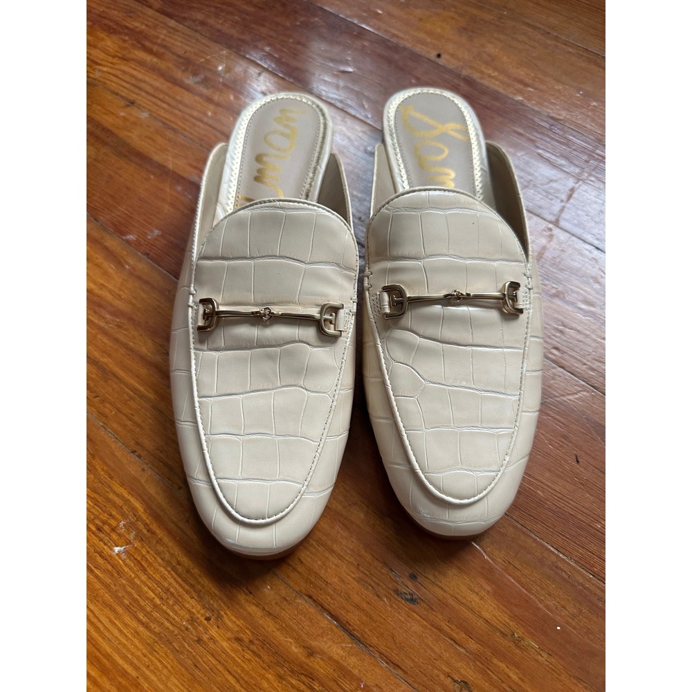 Sam Edelman Linnie Bit Mules Eggshell Croc Embossed Slides Cream Gold 8.5M